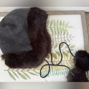 Banana Republic Gray Knit Hat with Dark Brown Fur Trim